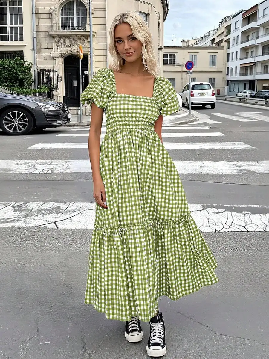 

Lime Green Checkered Square Neck Smocked Tiered Midi Dress With Puffed Short Sleeves