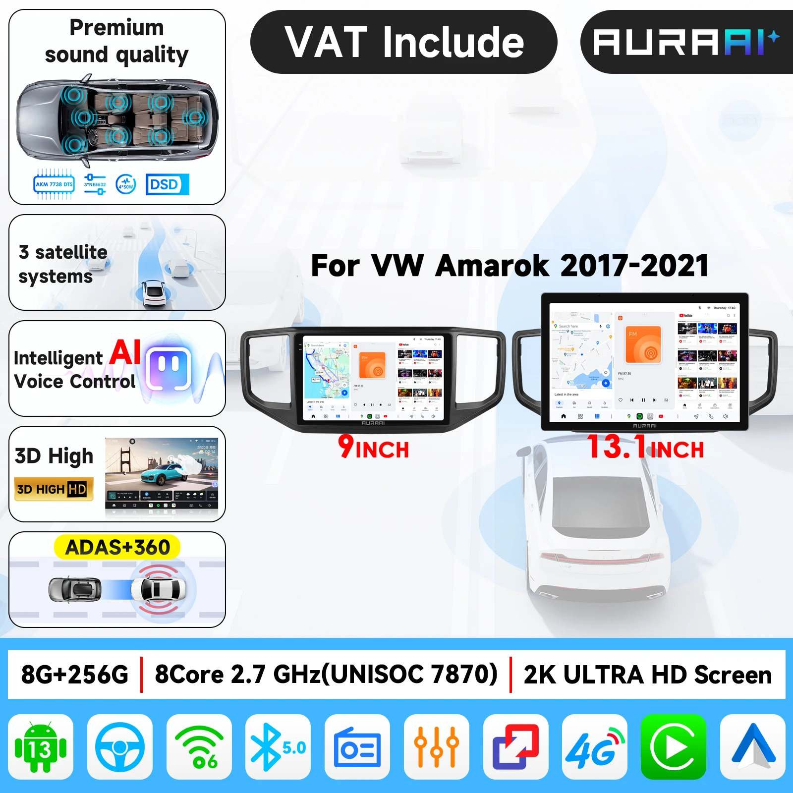 AURAAI Pantalla Inteligente para Auto de 2.7Ghz*8 2K, Radio con 4GWIFI, Carplay y Android Auto para VW Amarok 2017-2021, Reproductor Multimedia Estéreo RDS, Pantalla de 1920*1200, Interfaz Ultra 3D, Radio en Línea, Amplificador TDA7708,7851, AKM 7738 DTS, con Advertencia de Seguridad al Estilo Tesla