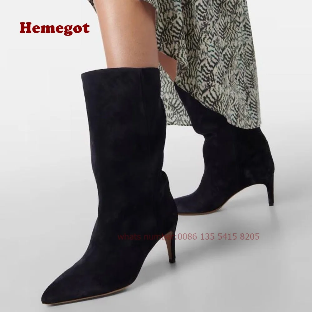 

Stiletto Suede Knee-High Boots Pointy Toe Kitten Heels Slip On Women's Boots Winter Warm Office Casual Shoes 2024 Solid Luxury