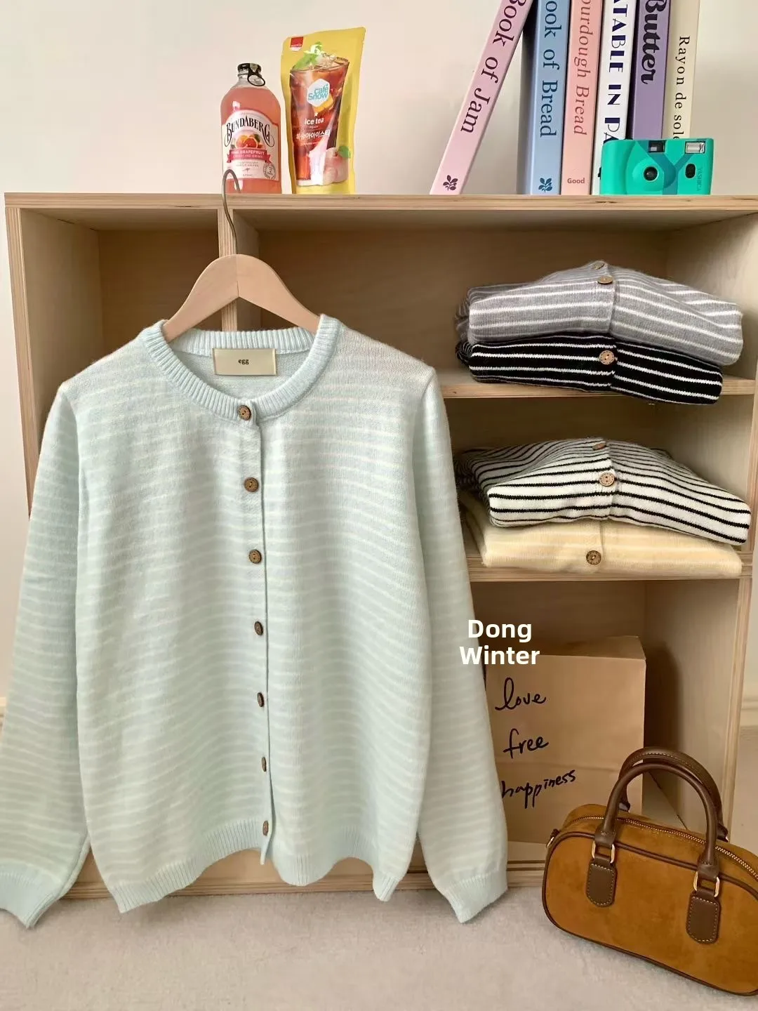 

Korean Sle Egg Collar Tag Early Autumn Simple Faion Striped Knitted Open Cardigan Loose Slimming Top for Women