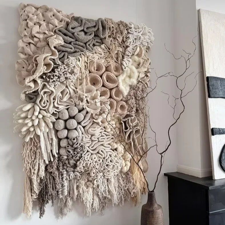 Boho Abstract Coral Reef Woven Tapestry Macrame Wall Hangings Design 3D Textured Art Home Wall Decor for Home Luxury