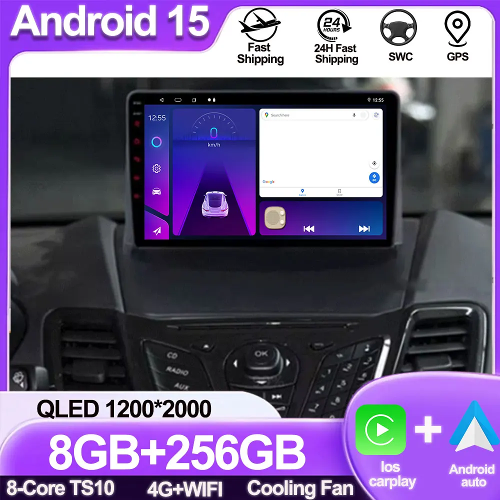 

Автомобильный радиоприемник Carplay для Ford Fiesta Mk 6 2008-2019, Android, мультимедийный видеоплеер, сенсорный экран, авто стерео навигация