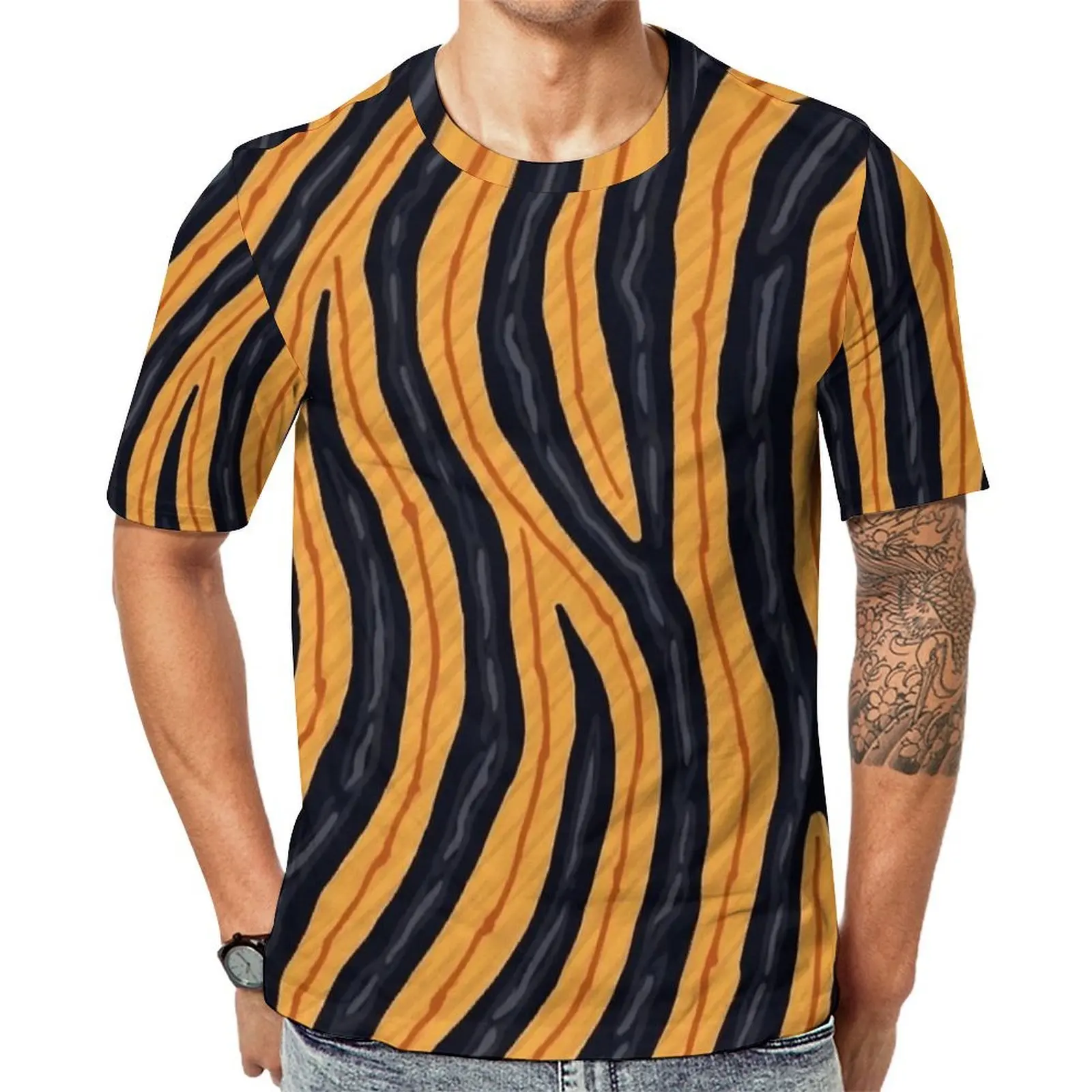 Summer T Shirt Vintage Drawn Tiger Stripe Print T Shirts  Streetwear Retro Tee Shirt For Male Short Sleeve Pattern Oversize Tops
