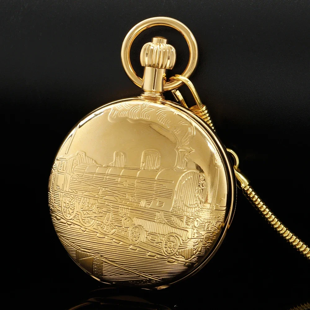 Vintage Gold Train London Design Mechanical Pocket Watch with Chain Stainless Steel Mens Pocket Watches Gifts