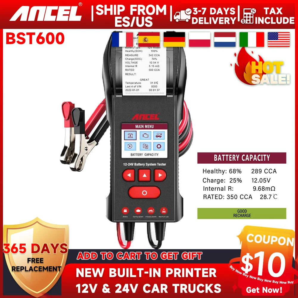 

Тестер автомобильного аккумулятора ANCEL BST600 12 В 24 В с термопринтером для тяжелых грузовиков/автомобилей/мотоциклов 100-2000 CCA