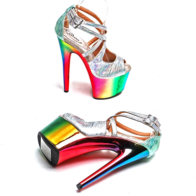 Leecabe 17CM/7Inch shiny PU  upper  sexy exotic electroplate platform High Heels  Pole Dancing sandals Shoes