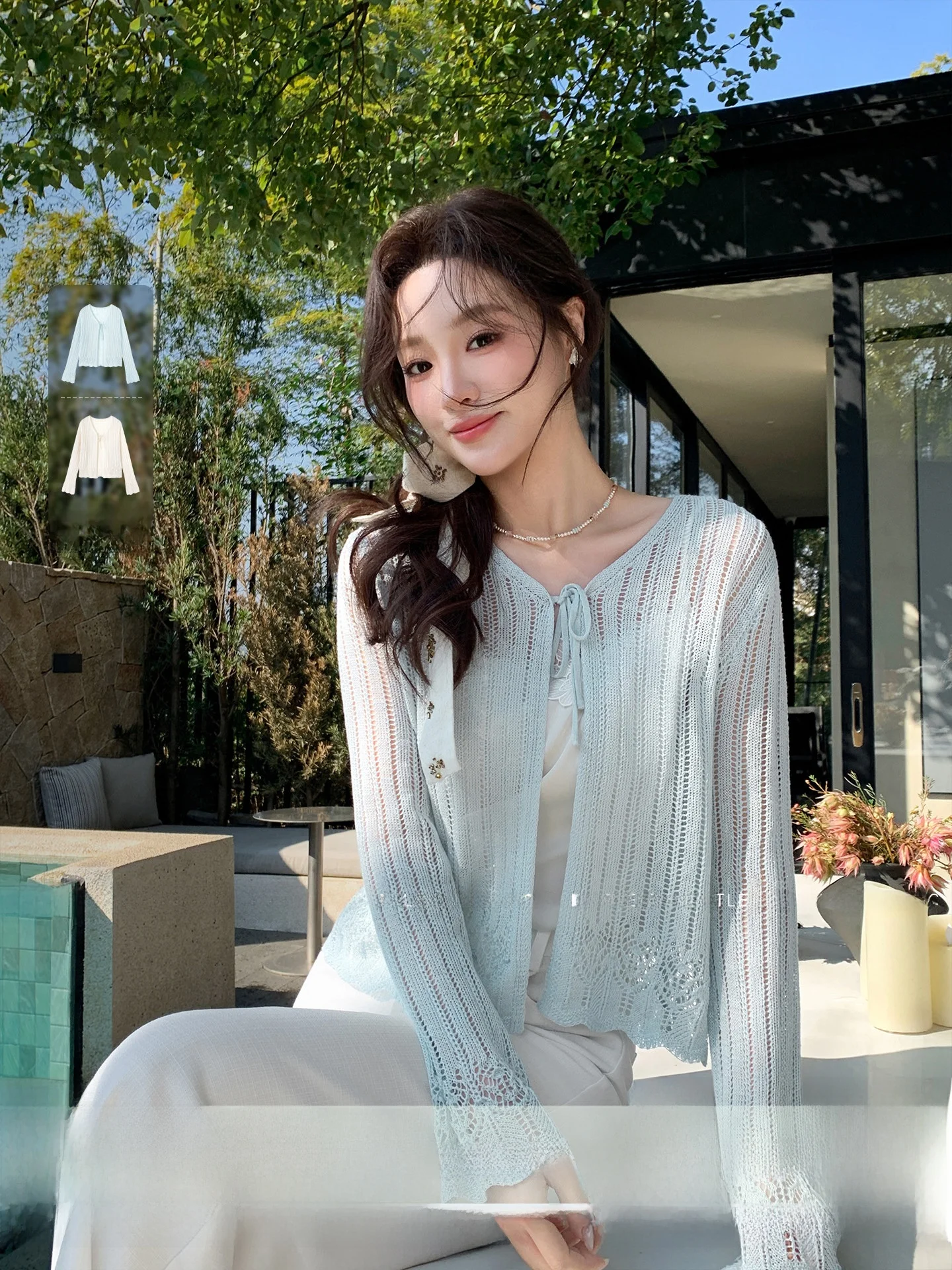 

Женский тонкий вязаный кардиган Ele Sle Long Sve с V-образным вырезом, ажурный, с поясом, мягкий, для повседневной носки, весенняя мода