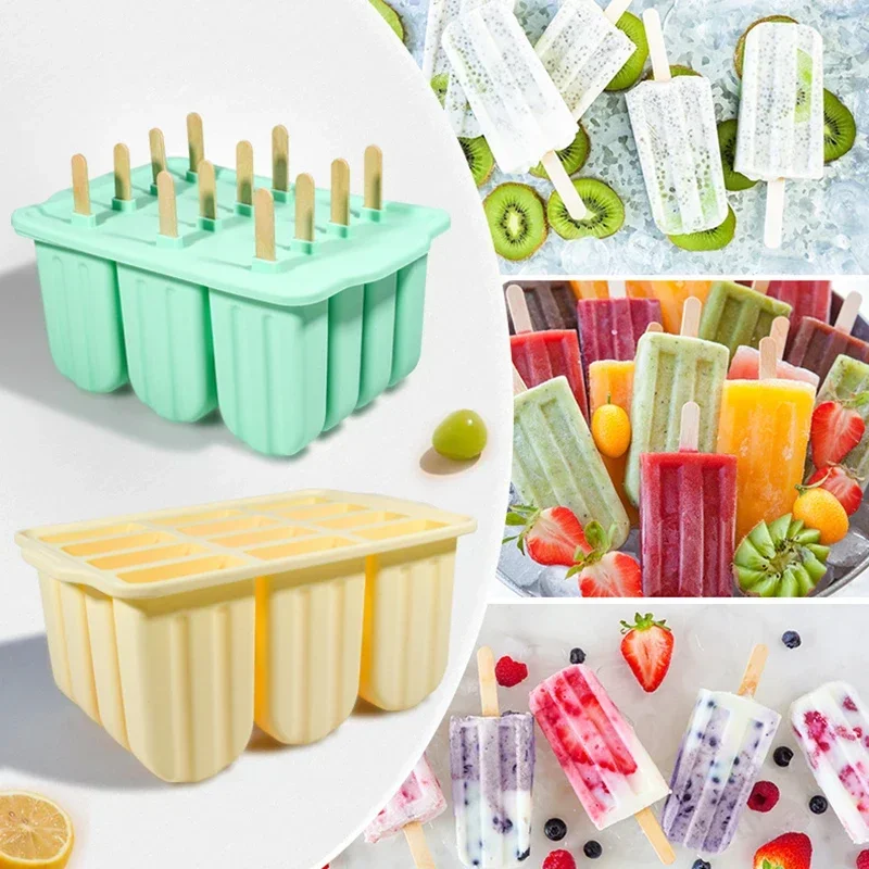 12-Cavity Silicone Ice Cream Mold Set with Lid Easy Release Kitchen Tray for Homemade Desserts Compatible with Refrigerator