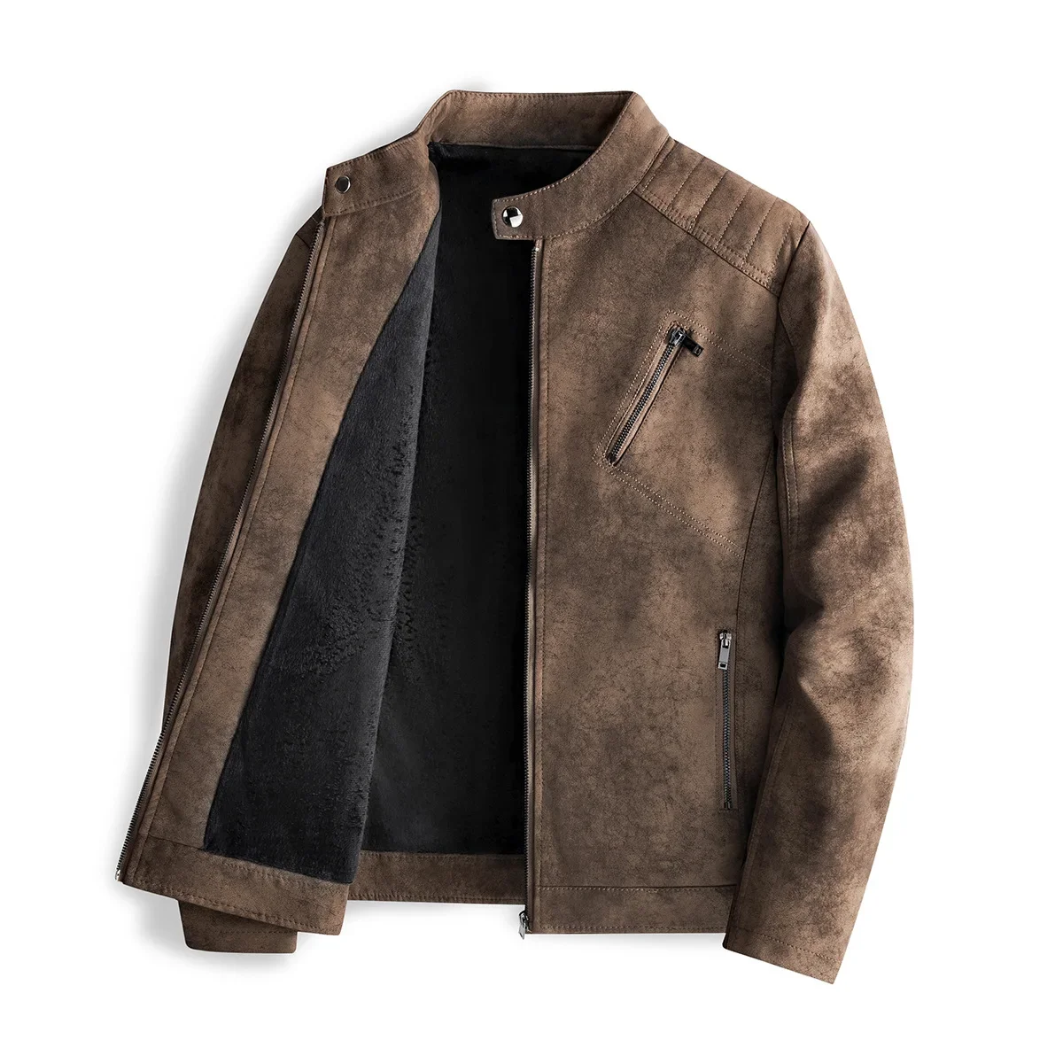 Korean Style Men's Solid Color Stand Collar Long Sleeve Slim Casual Trendy Simple Basic Loose Faux Leather Jackets Male Coats