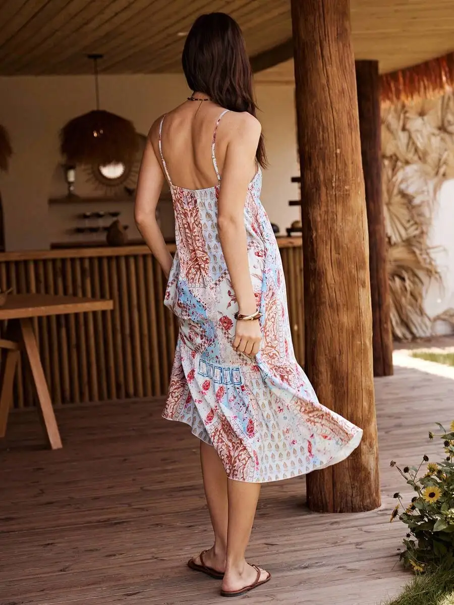 

Bohemian Floral Print Loose Slip Dress For Women Casual Vacation Midi Dress
