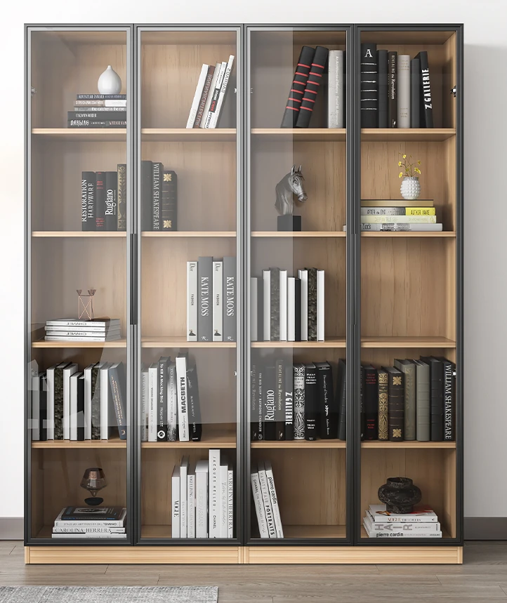 Floor to floor bookcase with glass door, combined bookshelf, minimalist modern handmade display living room