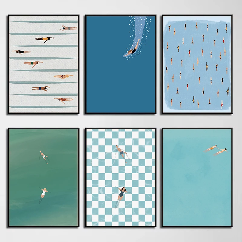 （2D Tin painting）Floating in Swimming Pool Into The Water Summer Nordic Poster Canvas Painting Wall Art Pictures Beach House