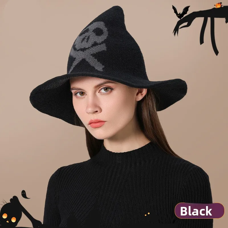 

Модные шерстяные вязаные костюмы на Хэллоуин для женщин, шапки с черепом ведьмы, идеально подходящие для вечеринок