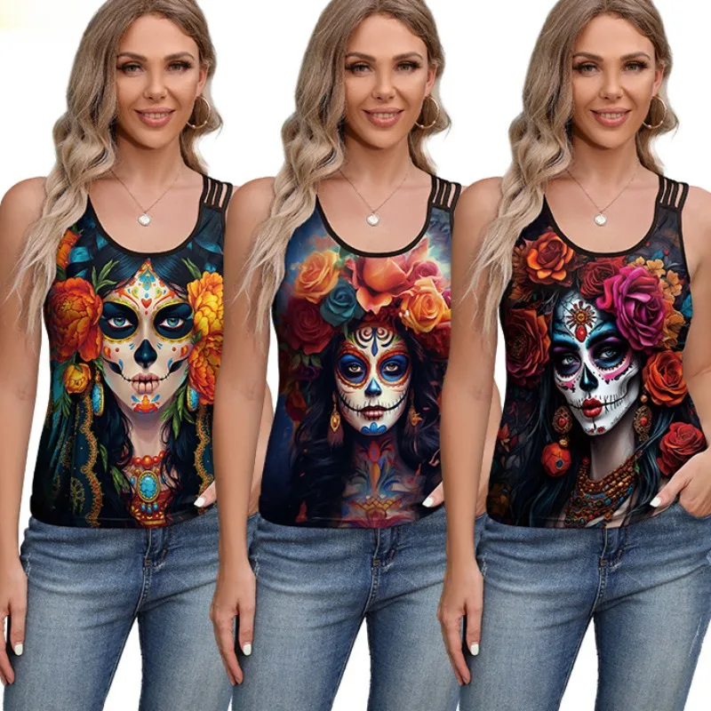 Fashion Sexy Women's Day of The Dead Skull Pattern Printed Tank Top Cross-border Vest Halloween Cosplay Holiday Party Costume