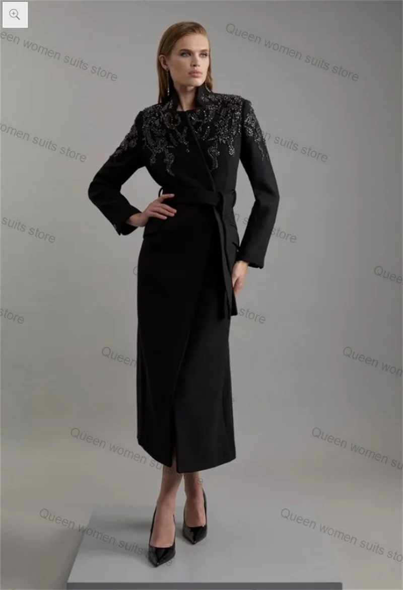 

Black Woolen Cashmere Women Suit Skirt 1 Piece Crystals Overcoat Blazer With Belt Formal Office Lady Jacket Prom Coat Customized