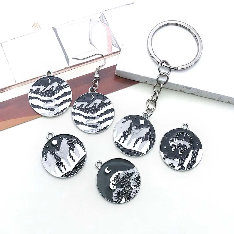 5pcs Enamel Sun Moon Mountain Landscape Circular Plaque Charm Personalized Creative Badge Pendants For Jewelry Making Accessory