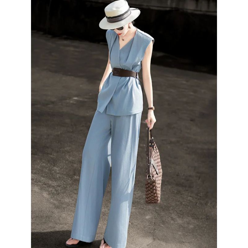 MEXCOCO 2026 Summer New Elegant 2-Piece Outfit: V-Neck Tank Top & High Waist Wide Leg Pants, Office Commuter Set for Women