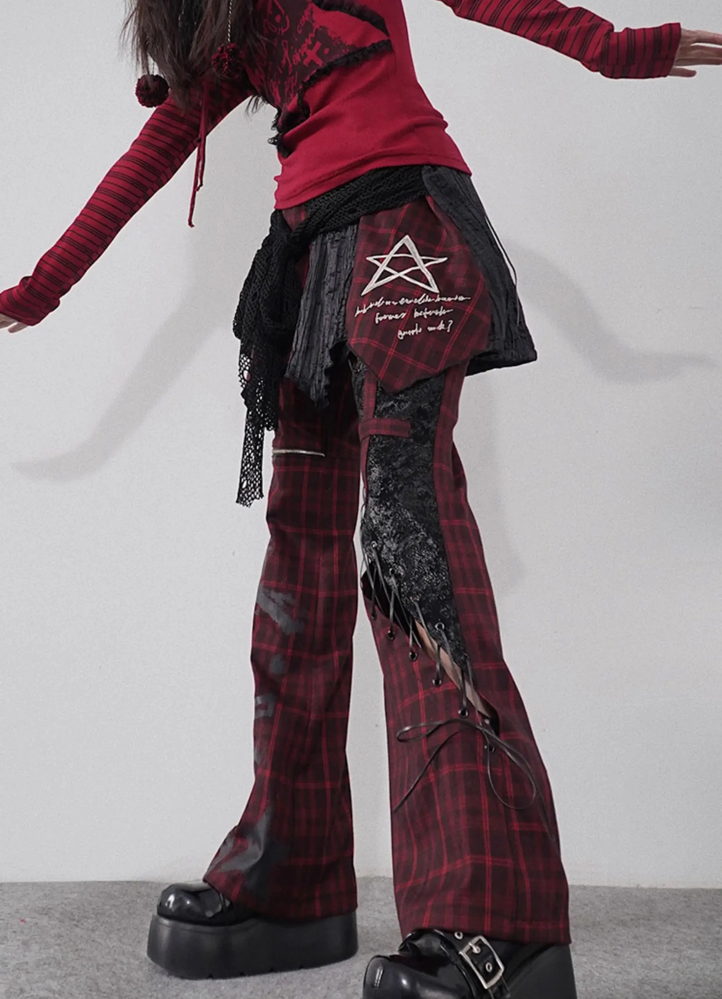 original design punk goth long flare pant red wine hollow out plaided lace-up cross punk rock women fashion pants capris