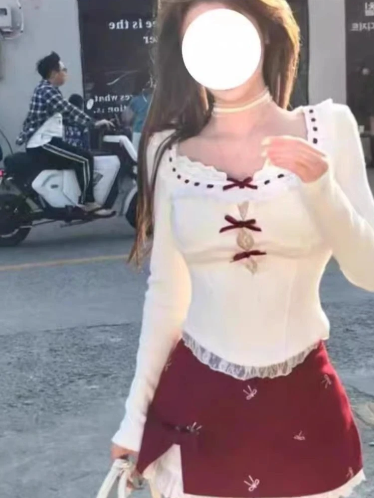 레트로 디자인 스윗 시크 슬림 투피스 세트 여성 우아한 레이스 보우 패치워크 얇은 탑 여성 하이웨이스트 레드 숏 스커트 슈트 신상