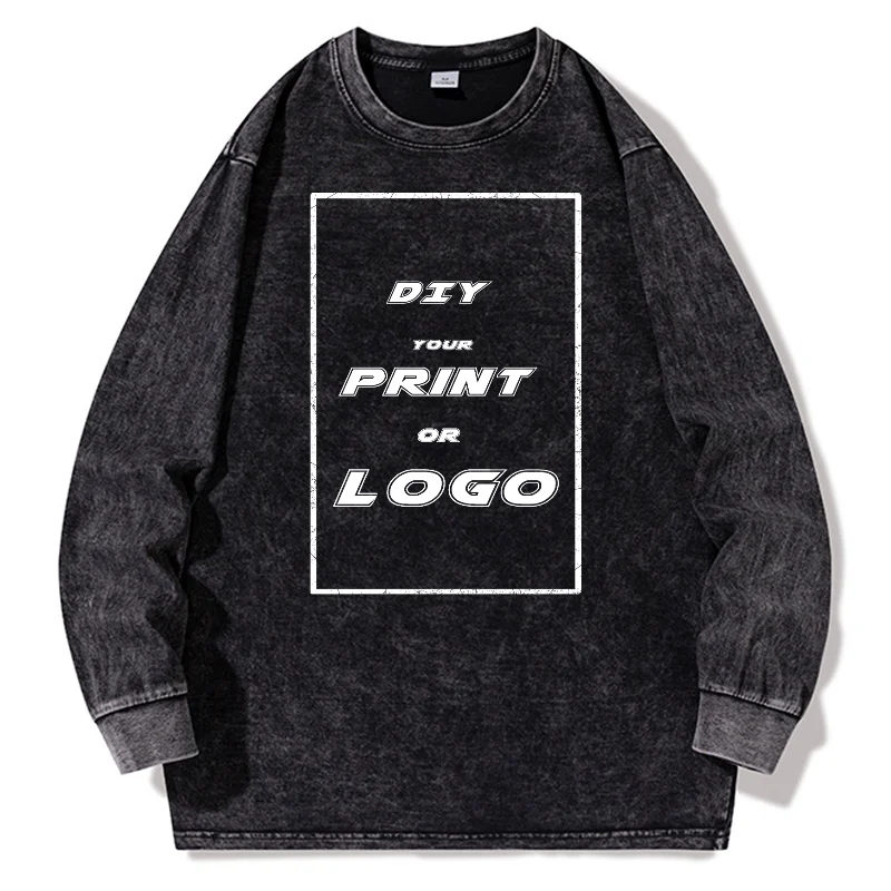 Customized men's washed round neck sweater, creating original design logo text pattern printing high-quality long sleeved sweate