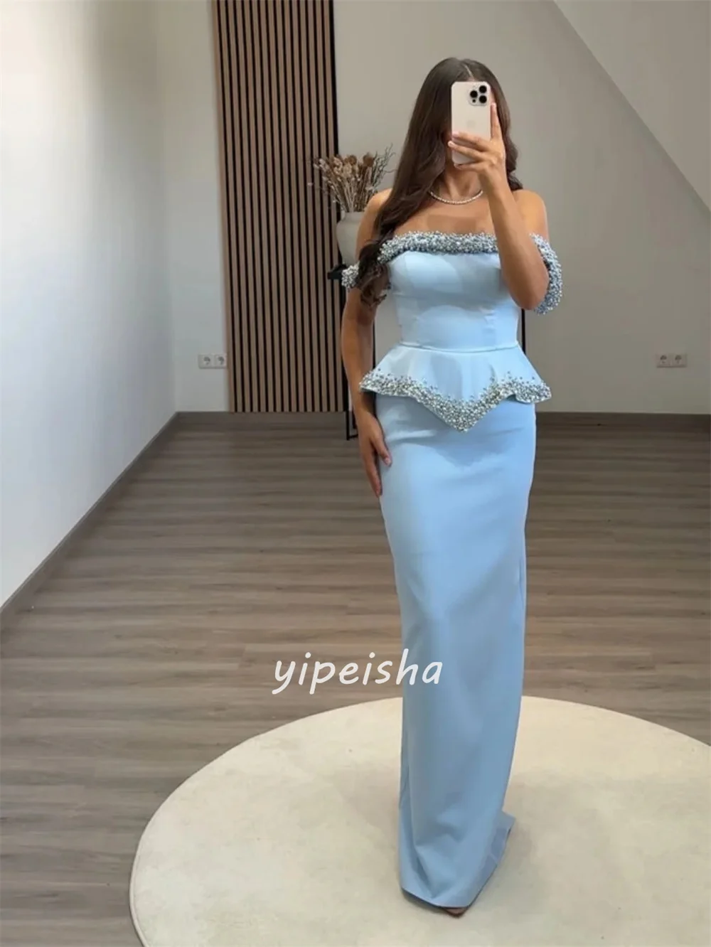 تخصيص الطراز الحديث أزياء جيرسي الديكور العمود خارج على الكتف فساتين طويلة فساتين مناسبة مخصصة الأحجام المتاحة #2