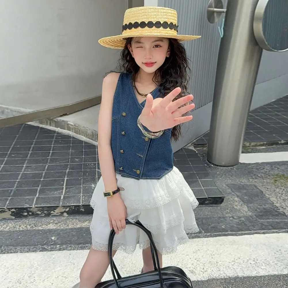 أزياء كاوبوي سترة الفتيات الملابس الحلو مجموعة الدانتيل الأطفال سترة كعكة تنورة مجموعة ملابس فضفاضة المراهقين قطعتين دعوى #4