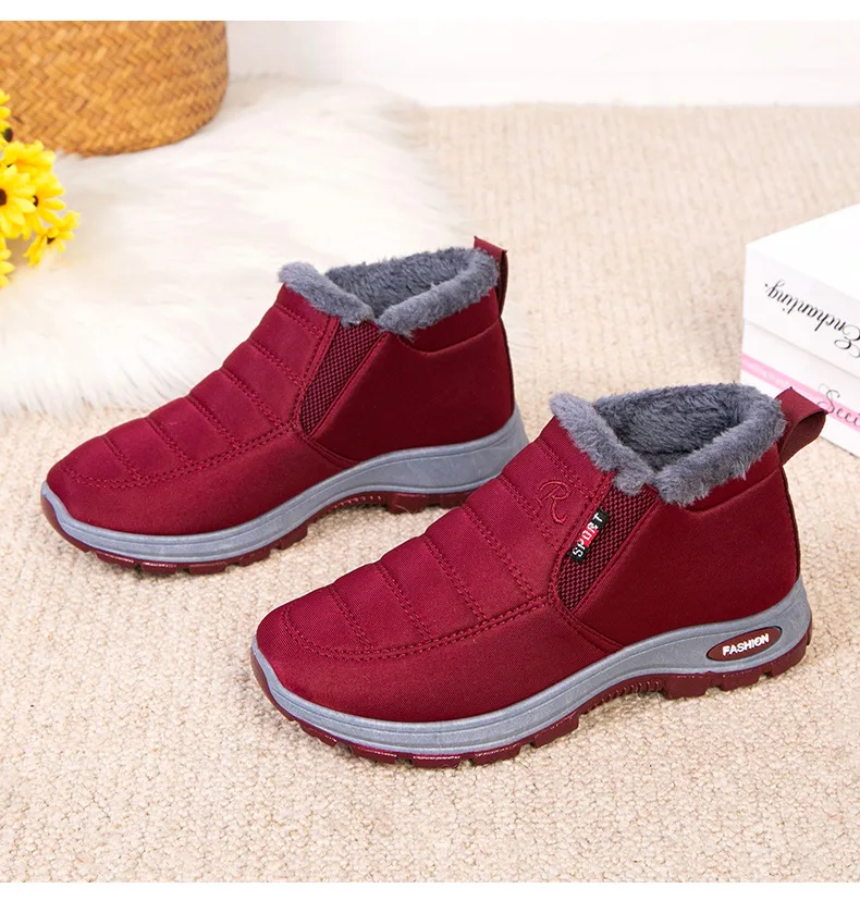 Damen Winter Fleece-gefütterte Slip-On Schneestiefel Wasserdichter Stoff Rutschfeste Robuste Sohle Warme Knöchelhohe Outdoor-Wanderstiefel – Detail 11