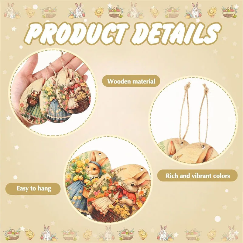 24pcs/set Easter Ornament, 2D Wooden Rabbit Tree Pendant, Holiday Decoration, Party Decoration, Home Decoration