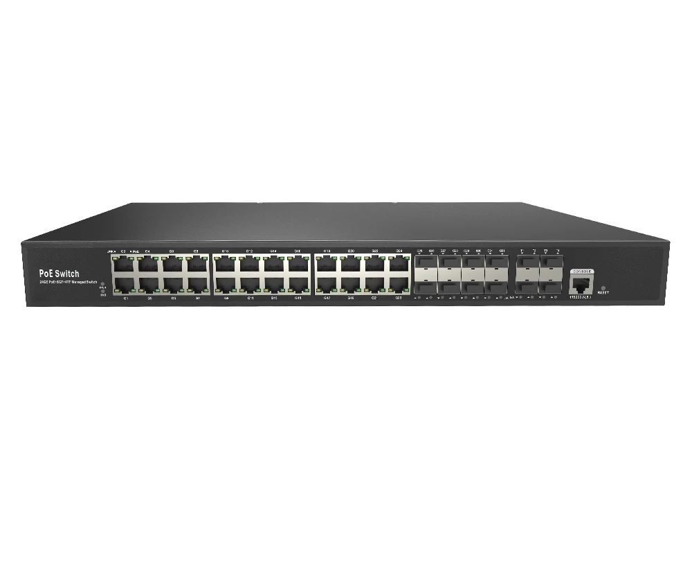 36Port Managed PoE Switch 24PoE+ RJ45 8G SFP 4×10G SFP+ Uplink Support