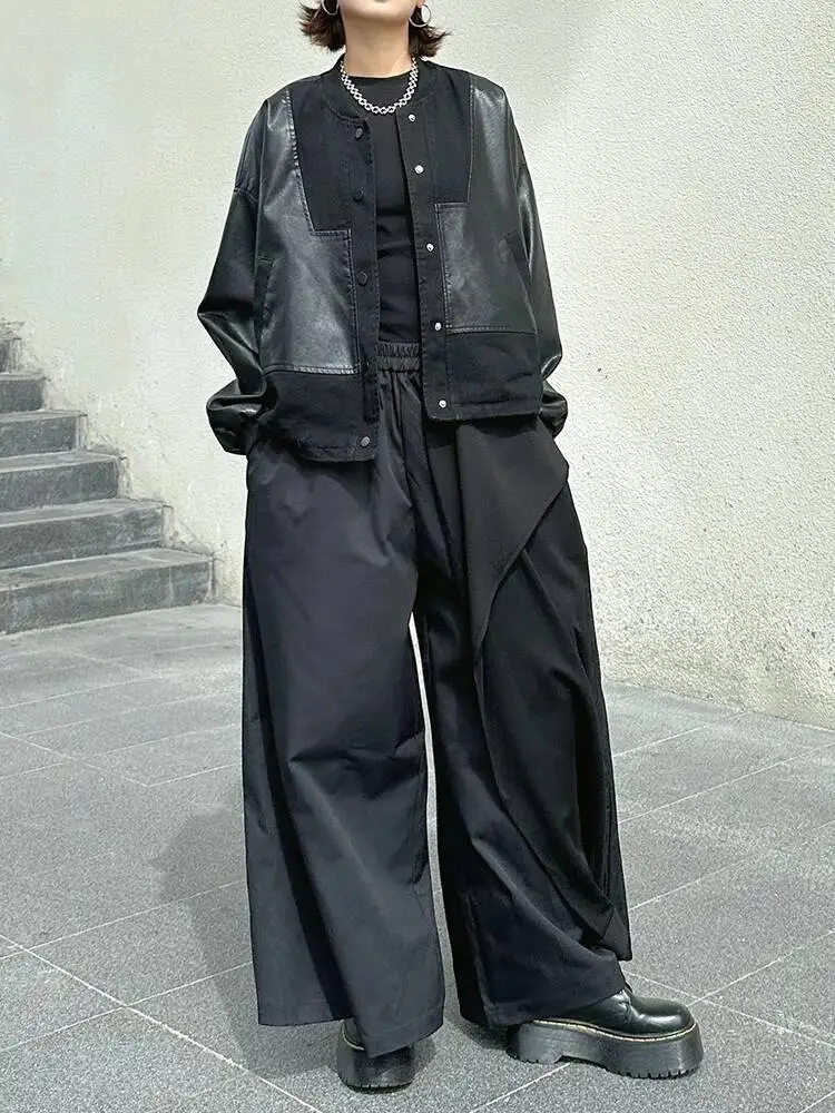 黒ポケットビッグサイズ PU レザージャケット新しいスタンドカラー長袖女性コートファッション潮春秋