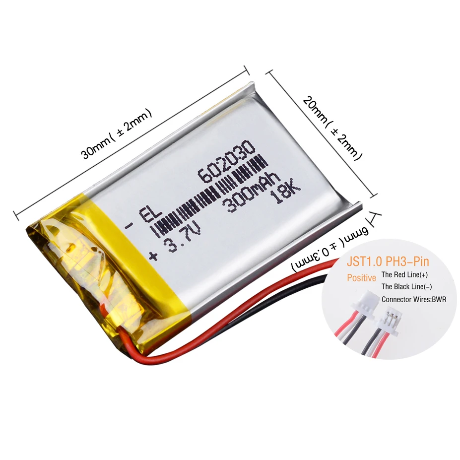 JST1.0mm 3Pin 3.7V 300mAh 602030 بطارية ليثيوم أيون بوليمر يبو 302030 502030 402030 702030 802030 902030 102030
