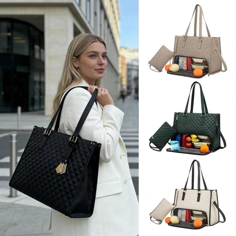 Faux Leather Women Tote Bag with Insulated Lunch Compartment Large Capacity Shoulder Laptop Bag Handbag for Travel Business