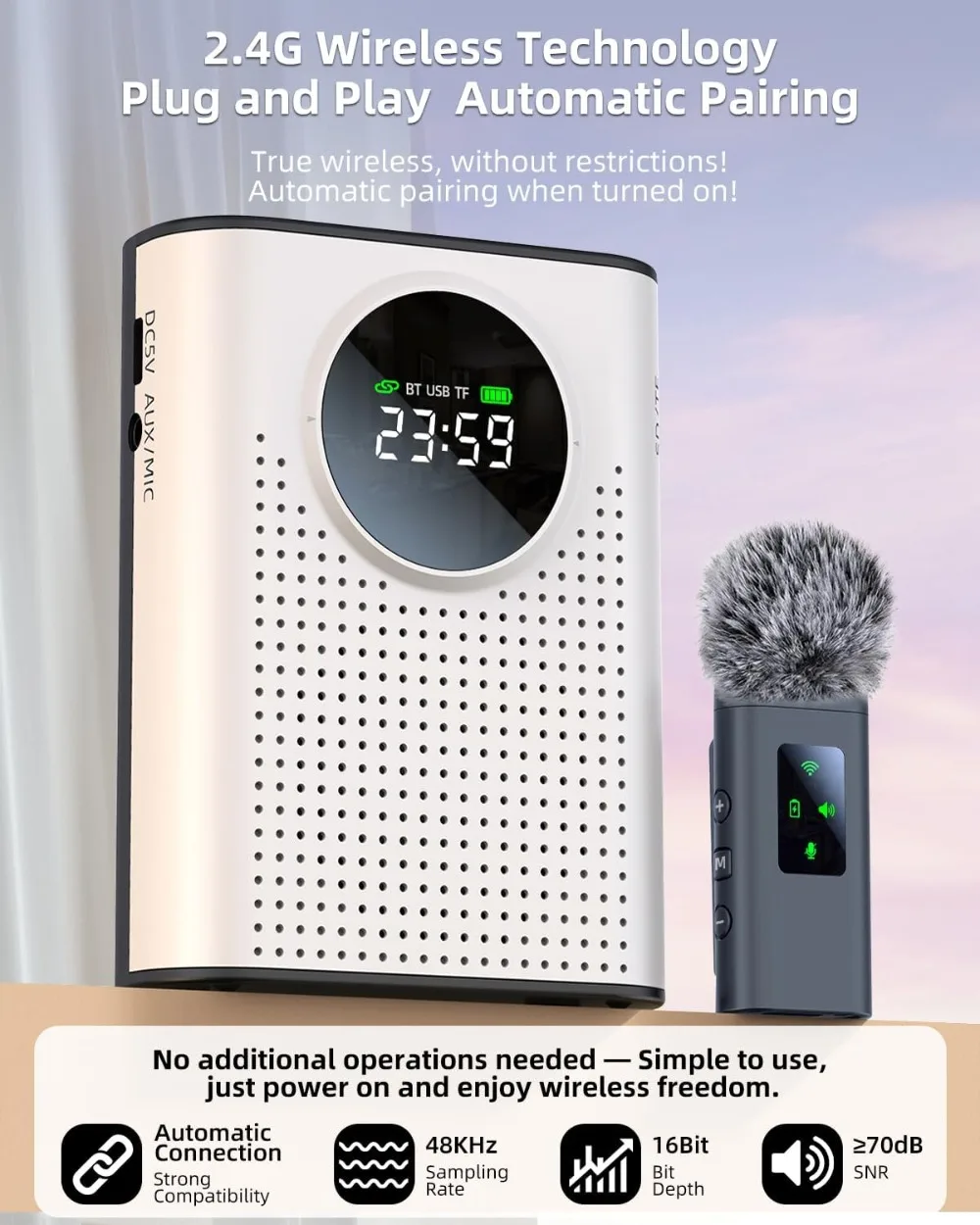Rechargeable Voice Amplifier Wireless Microphone Dual for Teachers Classroom, Mini Lavalier Lapel Mic Clip Magnetic, Bluetooth Speaker with LED Display for Class, Tour Guide, Coaches - view 4