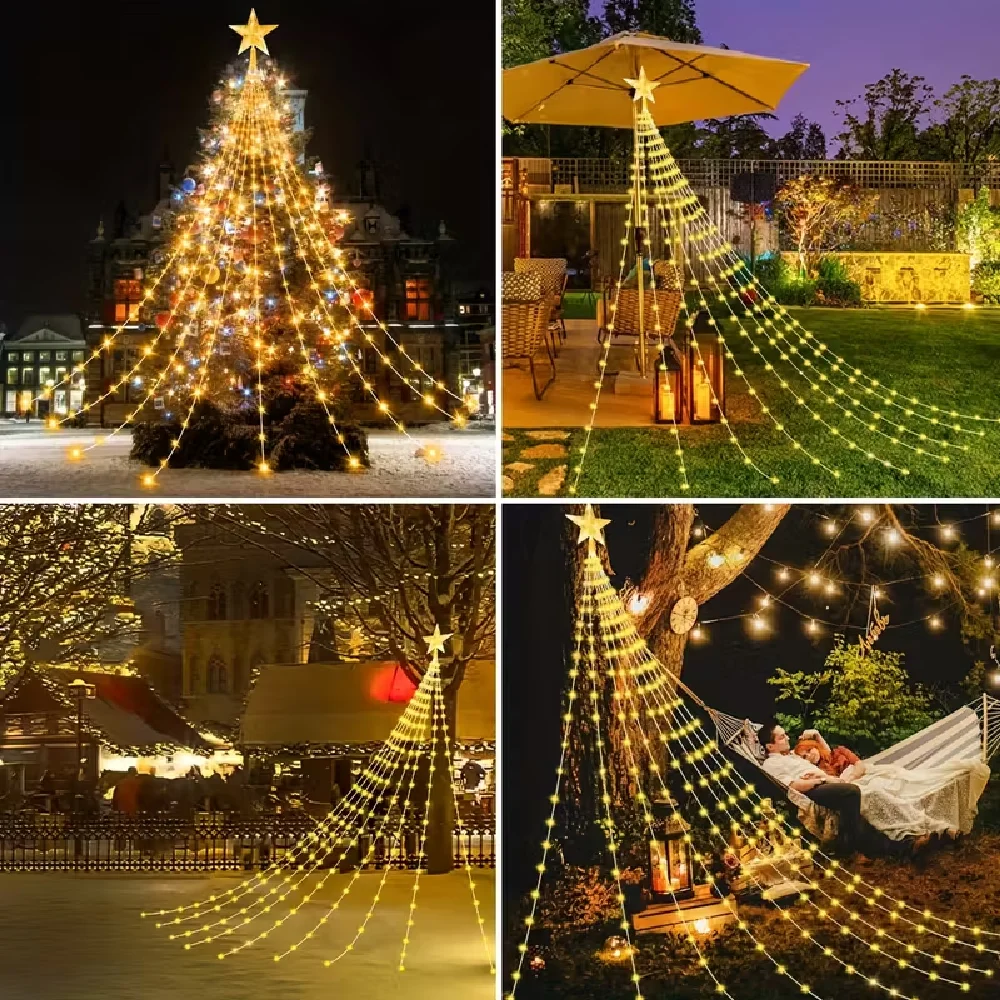 Solar Powered Decorative Star Waterfall Lights 8 Modes IP67 Waterproof Outdoor Party Ambient String Lights Xmas Tree Decor