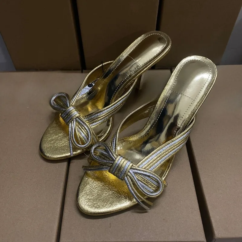 

Golden High Heels Women Sandals Bow Knot Decoration Brand Designer Summer Mules Open Toe Elegant Stiletto Party Shoes for Female