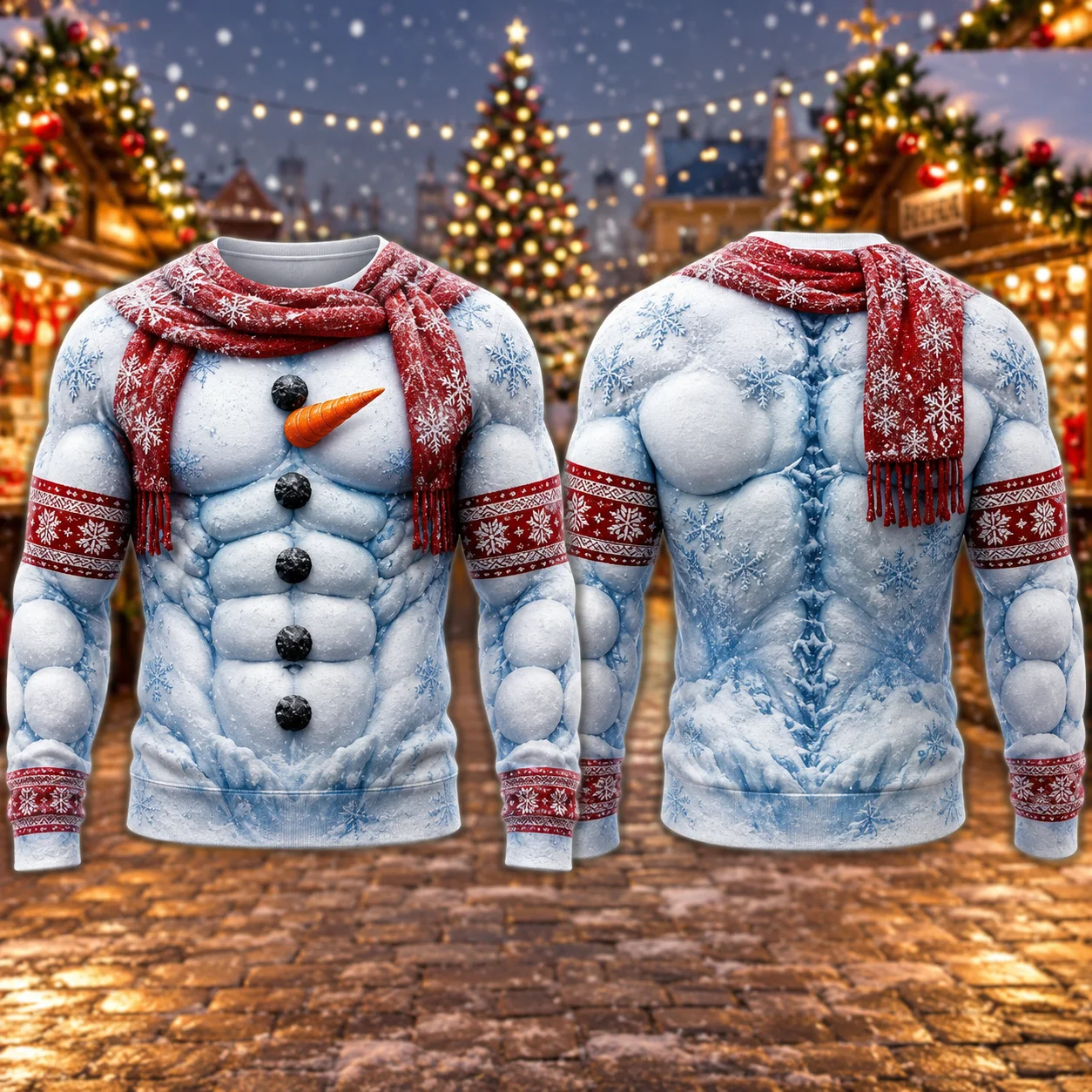 Ugly Christmas Sweater Funny Snowman Muscle Crewneck Sweatshirt Polyester 3D Print Winter Holiday Pullover Gift