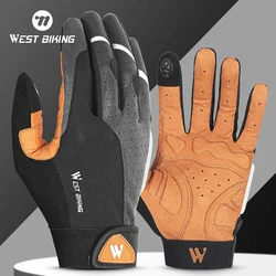 WEST BIKING Spring Autumn Cycling Gloves Full Finger Touch Screen Bike Shock Absorbing Gloves PU Leather Non-Slip Fitness Gloves