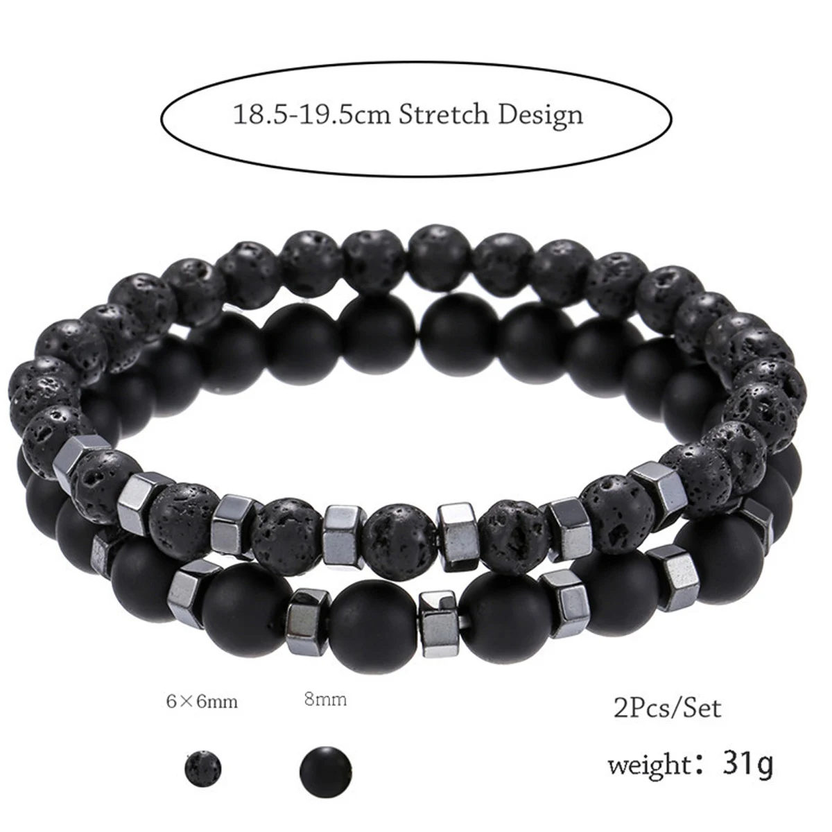 2pcs/set Beaded Bracelet Men 8mm Lava Tiger Eye Stone Bead Charm Men Bracelet Sets Jewelry Gift image 2