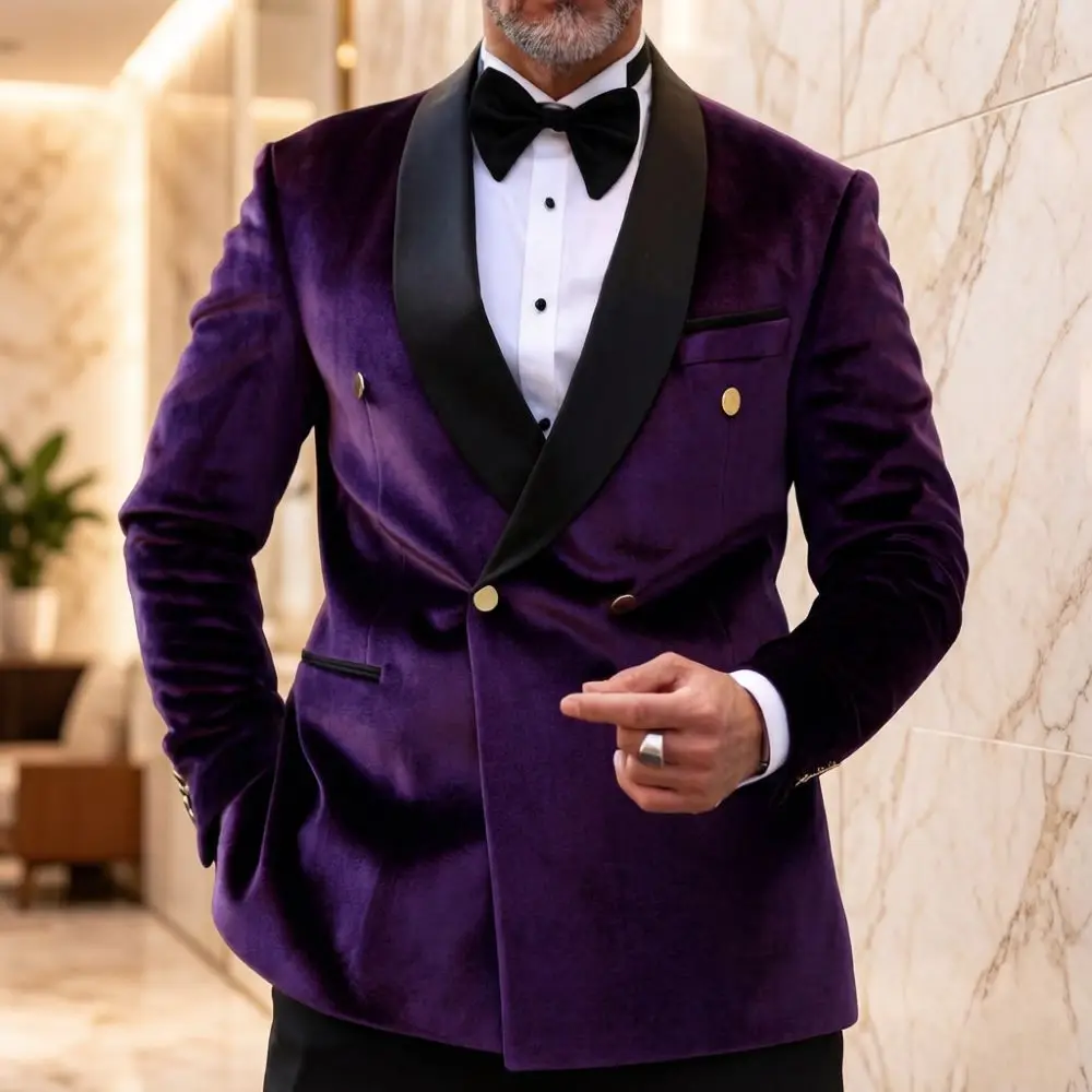 Velvet Men Double Breasted Slim Fit 2 Pieces Tuxedo Mix Match Gold Buttons Vintage Design Separates Groom Wedding Host 2026