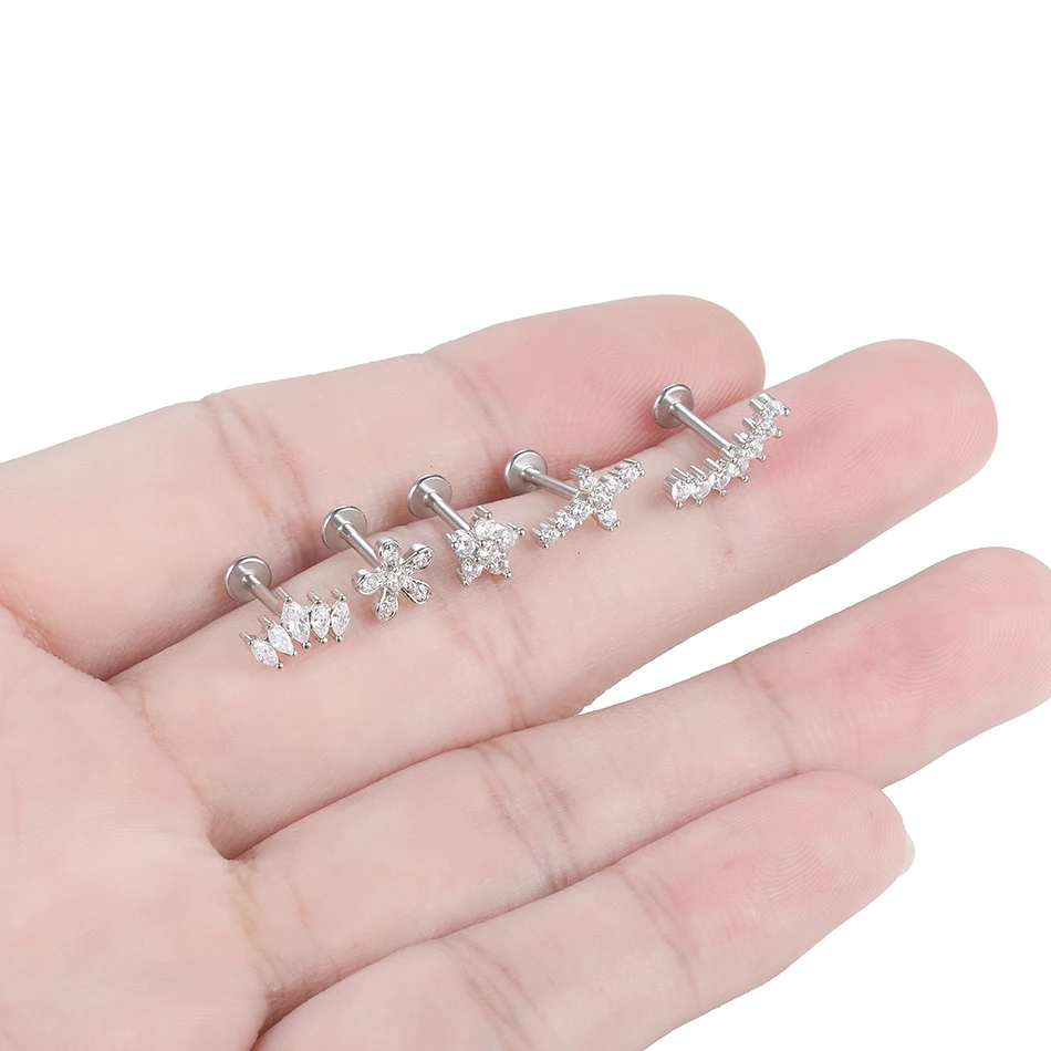 1PC Lip Stud kolczyk do piercingu ze stali nierdzewnej paznokci księżyc pierścień kryształ kwiat krzyż do małżowiny ucha śruba biżuteria do ciała