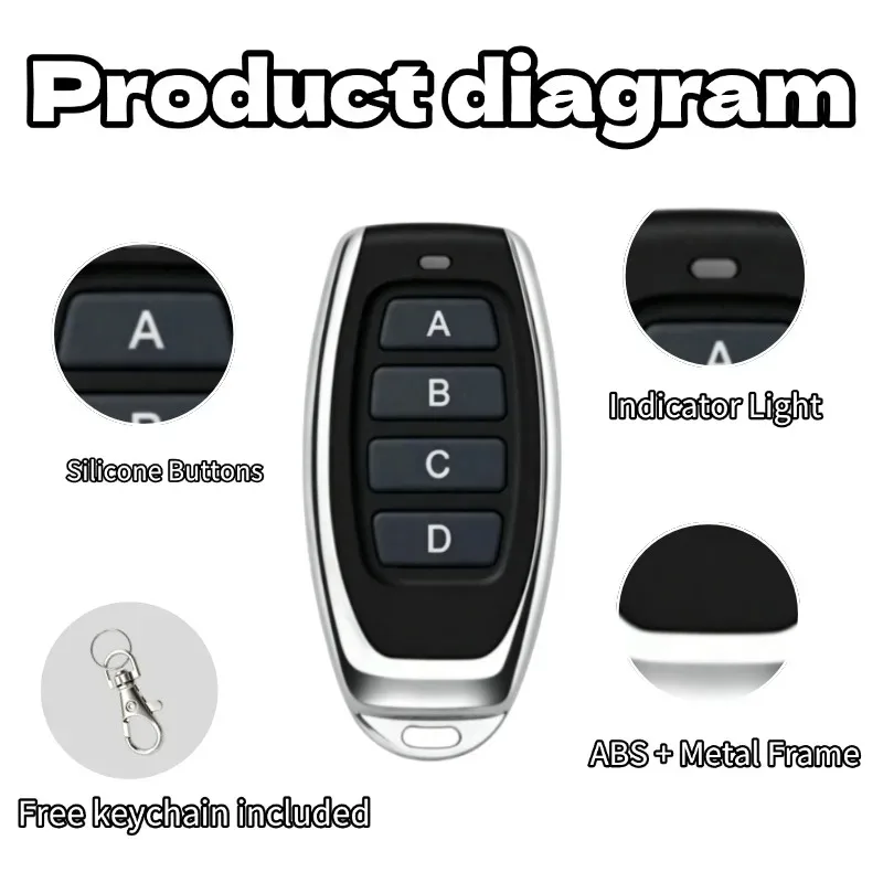 443mhz 4CH Remote Control Duplicator Key Fob Distance Remote Control 433.92MHZ Clone For Garage Door Gate With 12V Battery