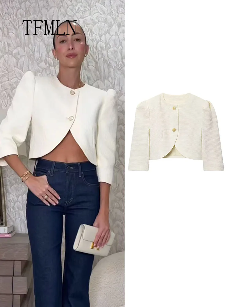 

TFMLN 2026 Spring Puffy Sleeve Blazer Jacket For Women Elegant Chic Single Breasted Short Coat Fashion Office O-neck Cropped Top