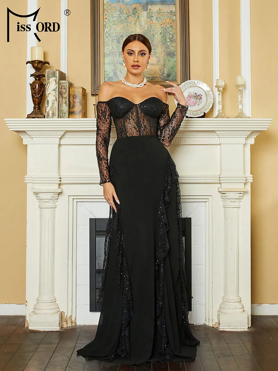 Missord Black Lace See Through Prom Dress Women Elegant Off Shoulder Long Sleeve A-line Maxi Wedding Party Evening Dresses Gown