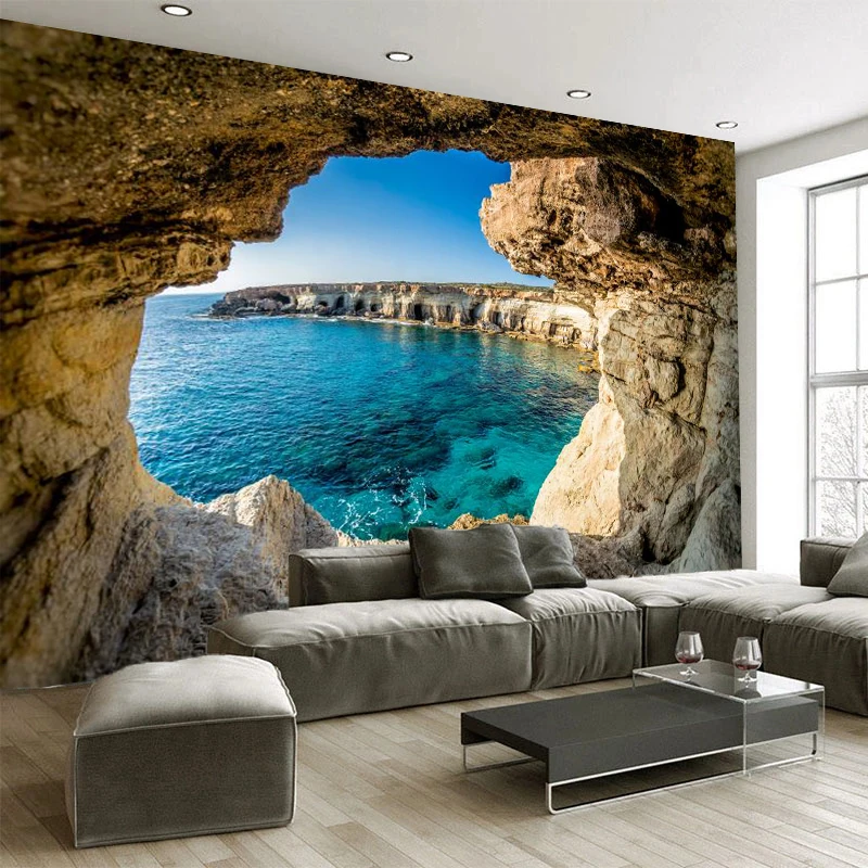 Custom Size 3D Stone Cave View Wallpaper Murals Waterfall Seascape Flowers For Room 3D Wall paper Landscape Stickers Home Decor