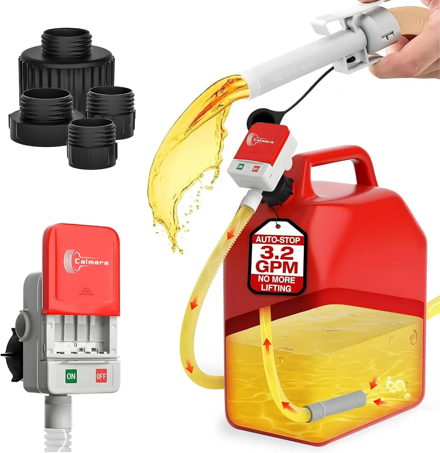 Automatic Fuel Transfer Pump with Auto-Stop, 51'' Hose, 3.2 GPM, Battery Powered, 4 Adapters for Gasoline Diesel Oil