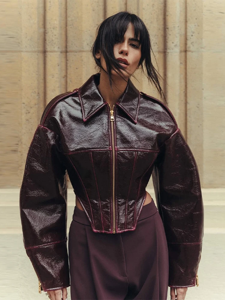 Faux Leather Stand Collar Cropped Jacket Women Street Long Sleeve