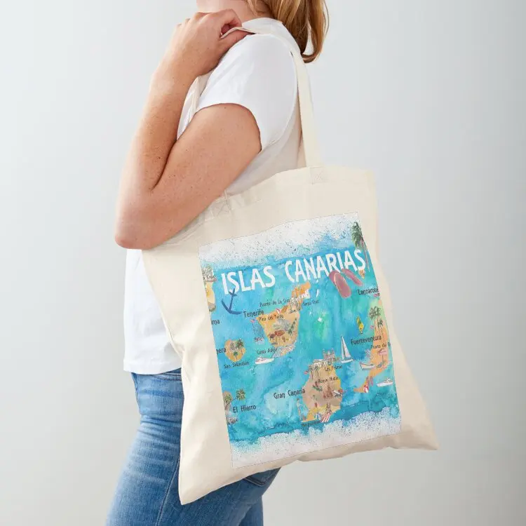 

Canary Islands Illustrated Travel Map with Tenerife, Gran Canary, Lanzarote, Fuerteventura La Palma Gomera and Hierro Tote Bag