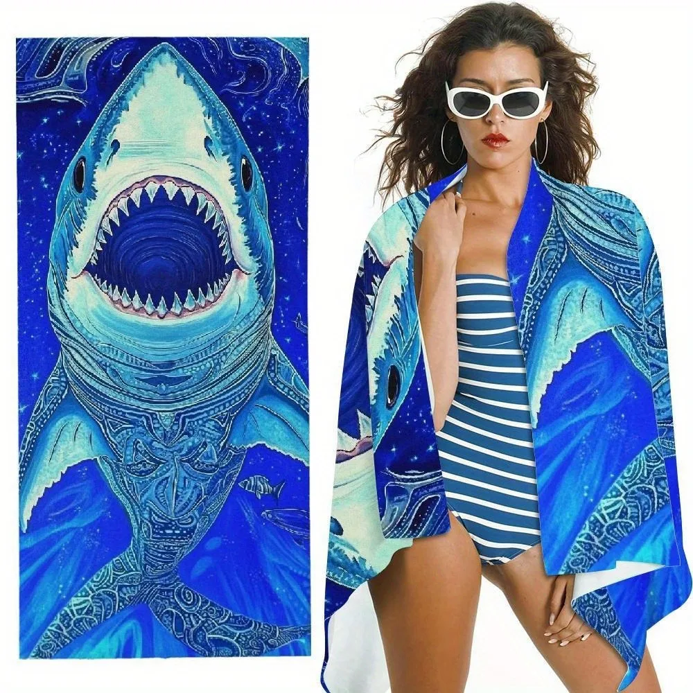 

Blue Shark Print Microfiber Beach Towel Lightweight Quick Dry Durable Easy Care Modern Rectangular Pool Beach Camping Yoga Gym