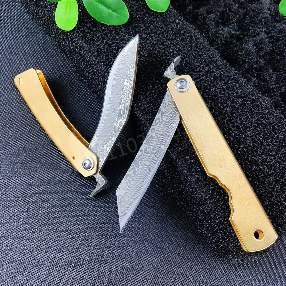 Mini 4 styles Folding Pocket Knife Damascus Steel Blade Copper Handle Outdoor Survival Hunting Hiking Cutting EDC Tool