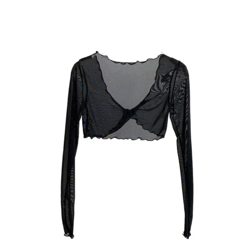 Simple Ruffle Mesh Knot Cardigan Long Sleeve V-neck Transparent Cardigan Beach Wear Korean Shirts for Women Holiday